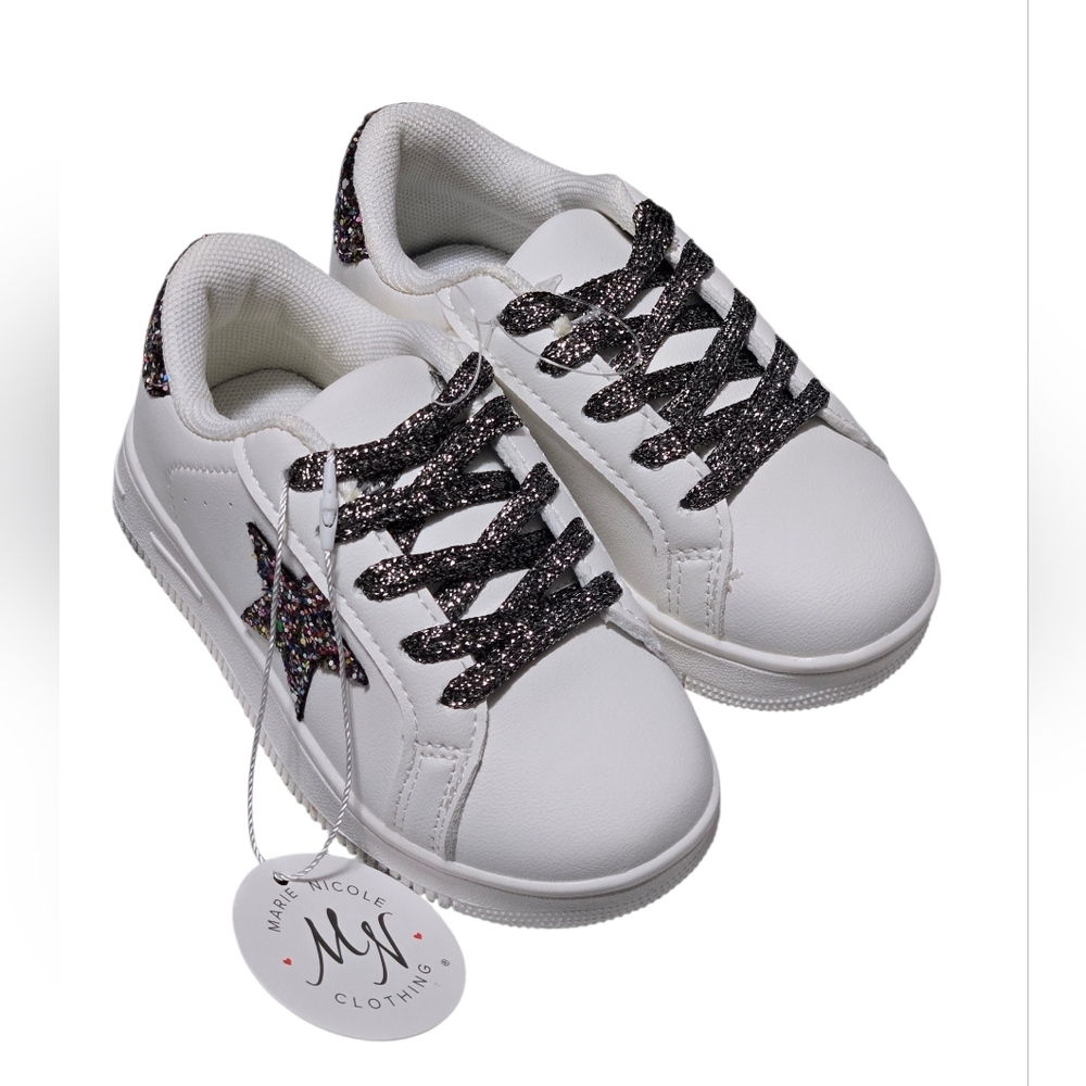 Marie Nicole White Kids Sneakers with Black Glitter Star New